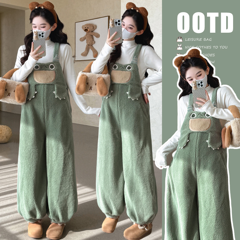 有 货 秋冬半高领针织上衣+韩版减龄羊羔毛背带裤