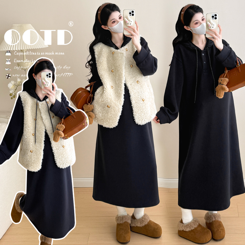 现2025秋冬加绒加厚孕妇装韩版宽松中长连衣裙+百搭毛毛马甲