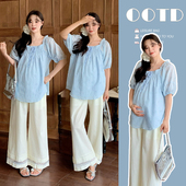 两件套 套装 孕妇夏装 镂空刺绣上衣＋猪鼻扣花边阔腿裤