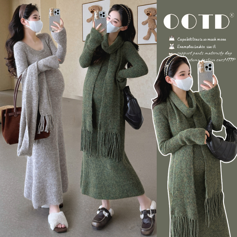 孕妇装秋冬季新款U领长款针织打底连衣裙套装女送围巾