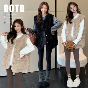 马甲孕妇套装 2025秋冬慵懒风宽松连帽毛衣 珍珠扣羊羔毛时尚