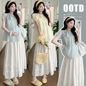 圆领泡泡袖 新款 蝴蝶结娃娃衫 上衣 现 蕾丝裙孕妇套装 夏季