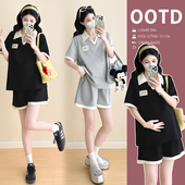 两件套装 夏季 撞色V领上衣托腹短裤 宽松百搭孕妇套装 新款