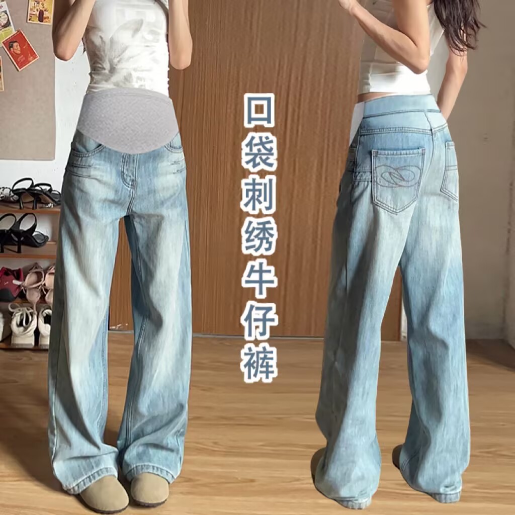 新款 孕妇牛仔显瘦韩版复古浅蓝口袋刺绣牛仔孕妇阔腿长裤
