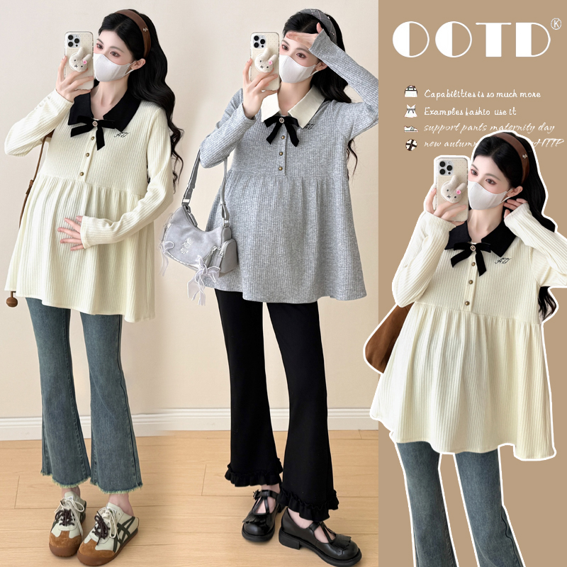 ~秋冬孕妇装娃娃领拼接针织上衣