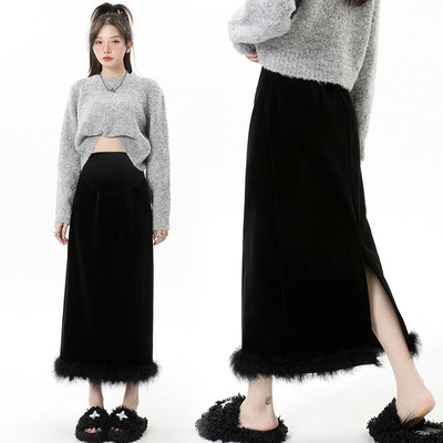 孕妇黑色加厚秋冬季丝绒半身裙高级感毛绒包臀长裙直筒开叉裙