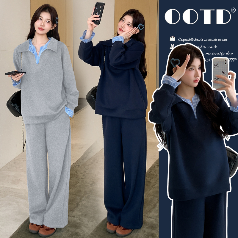 有货 孕妇秋装套装2025新款加厚纯棉拼接条纹上衣+裤子套装