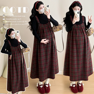 连衣裙套装 甜美减龄格子毛呢孕妇大码 韩风中长款 秋冬新款