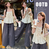 子套装 孕妇夏季 两件套碎花裤 花边吊带系带开衫 新款