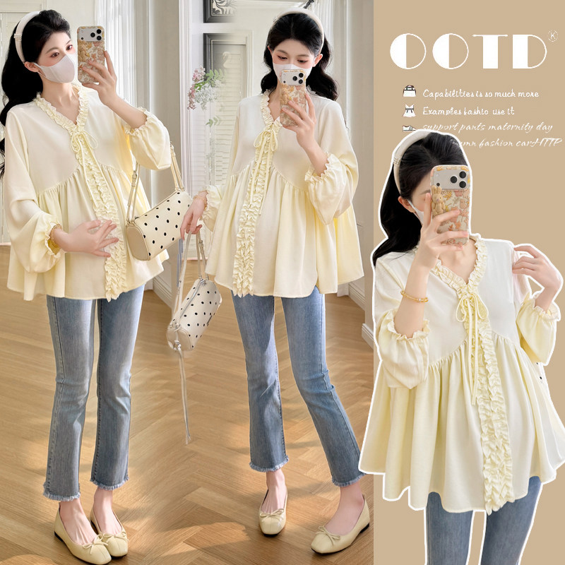 2026春季新款孕妇V领系带花边宽松娃娃衫上衣,孕妇装/孕产妇用品/营养,衬衫/雪纺衫,淘宝优惠券,粉丝福利购,淘宝优惠卷