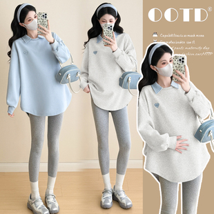 刺绣拼接格子衬衣领上衣2025新款 孕妇秋装 卫衣长款