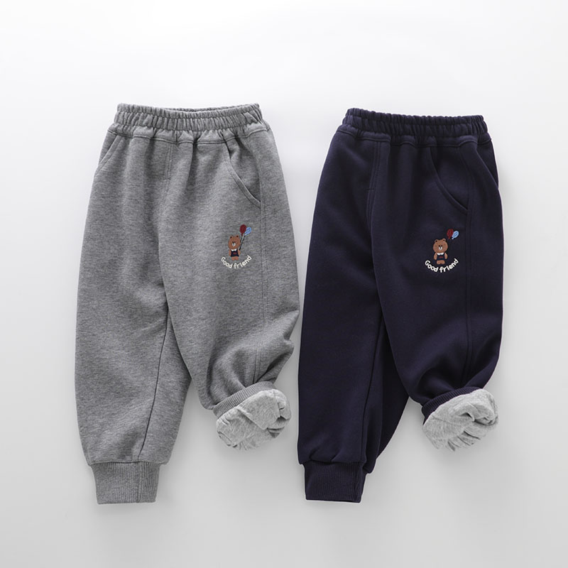 儿童装双层裤子男宝宝纯棉束脚裤秋冬装长裤卡通刺绣薄款两层卫裤
