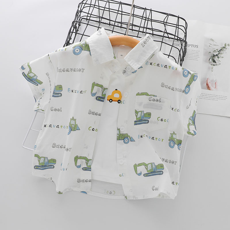 男童短袖衬衫儿童装夏季纯棉衬衣男宝宝挖机工程车车印花上衣小童