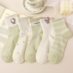 学院风棉袜运动卡通可爱 透气韩版 绿色袜子女中筒袜春夏季 网眼薄款