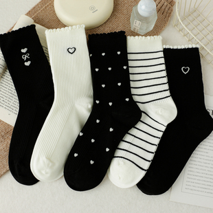 爱心波点条纹袜子女秋冬中筒袜ins潮可爱花边春秋黑白色长袜百搭