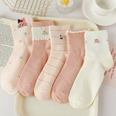 春秋粉色袜子女中筒袜纯棉可爱猫咪秋冬韩版 学院风女生外穿运动