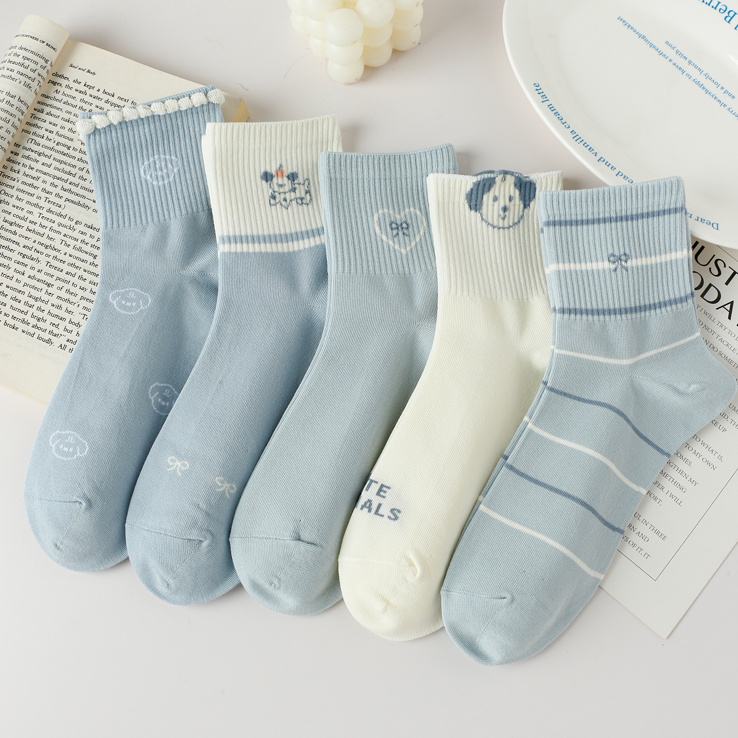 5双装蓝色袜子女中筒袜春秋纯棉