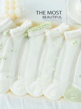 玻璃丝水晶袜子女短袜浅口棉底夏季薄款透明冰丝绿色花卉短筒袜