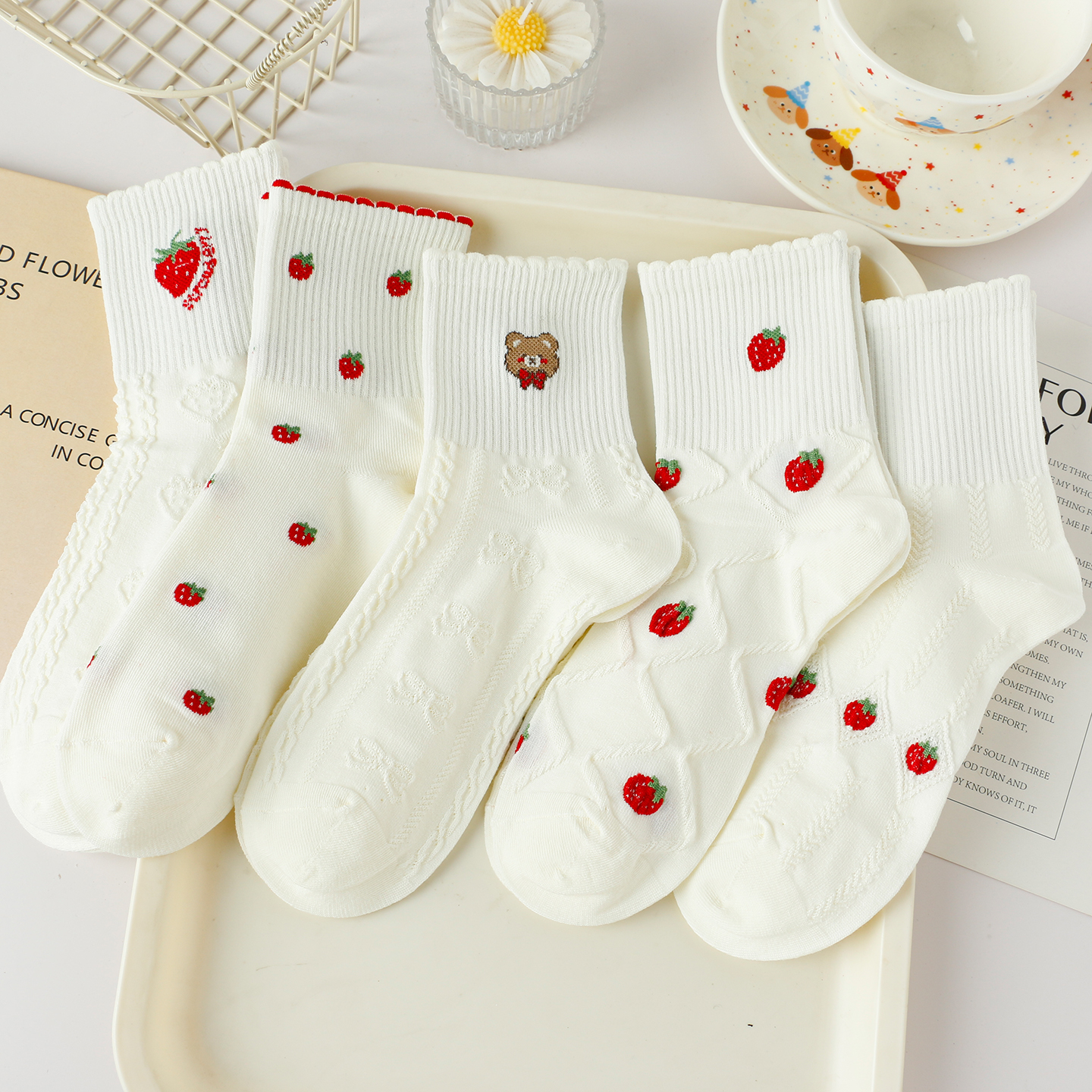 5双装春秋白色袜子女中筒袜纯棉