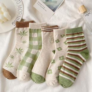 绿色袜子女ins潮中筒袜春秋棉袜透气复古花卉格子长袜秋季 网红款