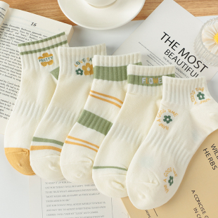 绿色袜子女短袜ins潮夏季 纯棉可爱日系小花百搭低帮船袜短筒 薄款