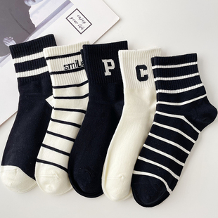 条纹袜子女秋季 黑白长袜百搭 中筒袜ins潮棉袜cp字母运动袜春秋款