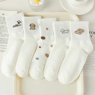 白色春秋袜子女中筒袜纯棉可爱卡通狗狗秋冬韩版ins潮运动女款5双