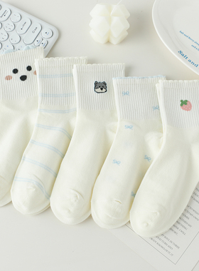 白色袜子女中筒袜春秋纯棉可爱小熊秋冬韩版运动风女款百搭透气