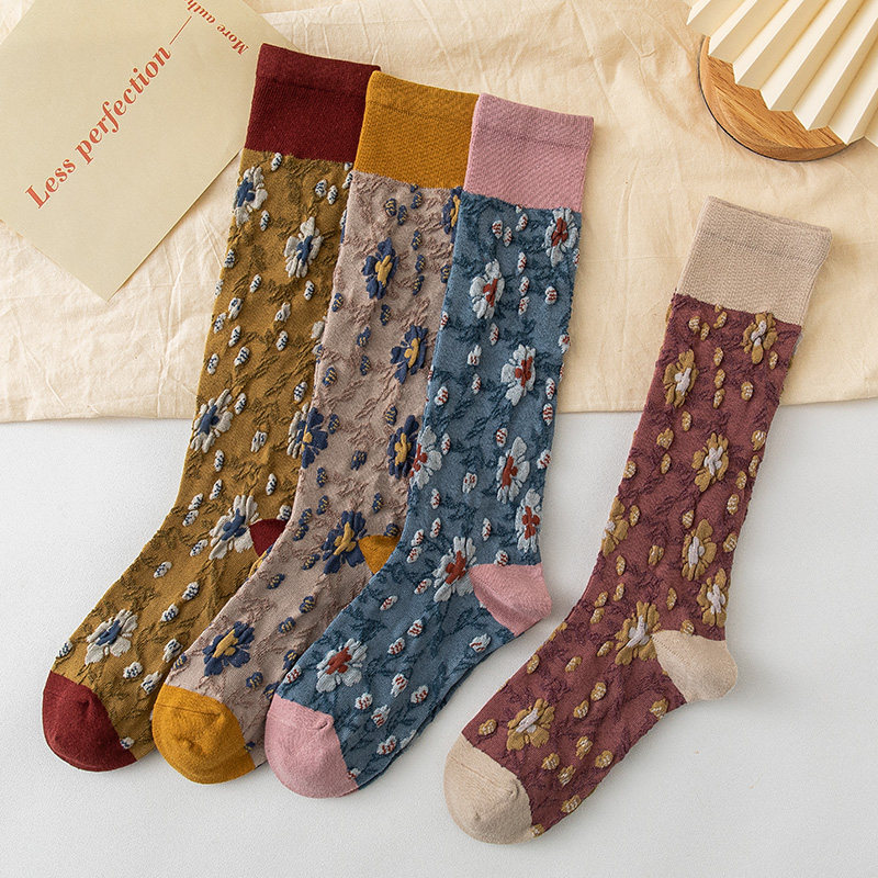 ins潮长筒袜复古碎花及膝学院