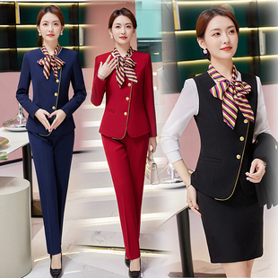 红色服务员工制服工作服中式餐厅酒店火锅店前台工装女职业装套装