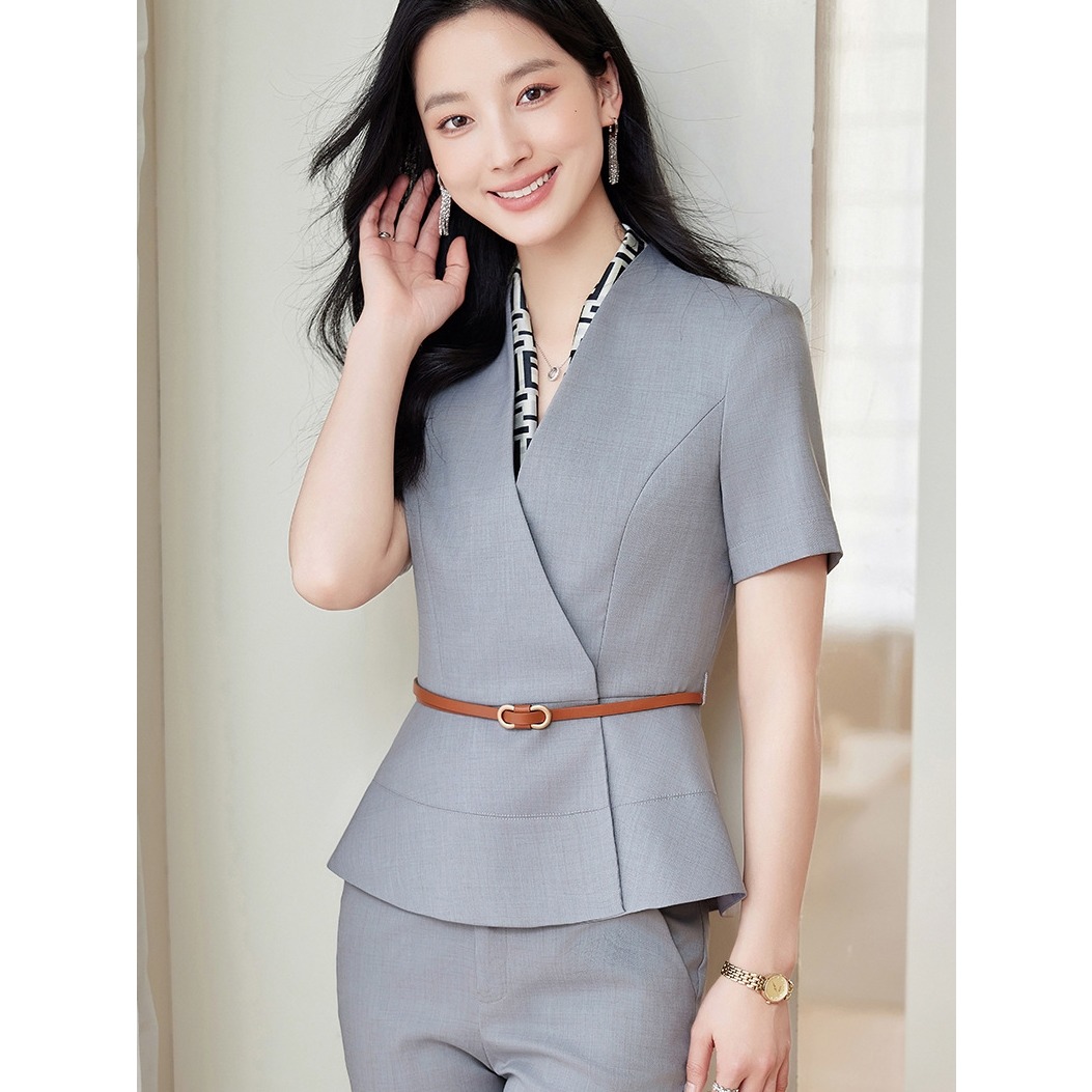 粉色V领西装外套女显瘦职业装制服套装美容院会所前台销售工作服