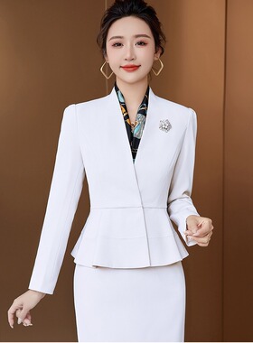 白色西装女小外套上衣美容院前台工作服行政商务正装西服短裙套装