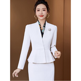 白色西装女小外套上衣美容院前台工作服行政商务正装西服短裙套装