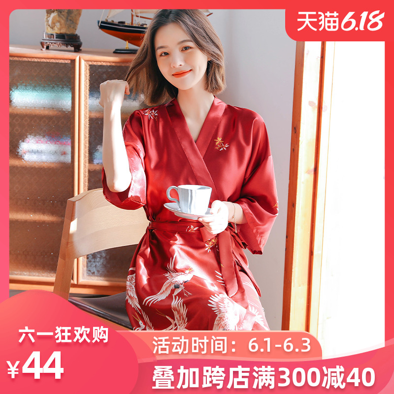 睡袍冰丝春秋结婚情侣睡衣女夏薄款仿真丝婚礼晨袍新婚长款浴袍男