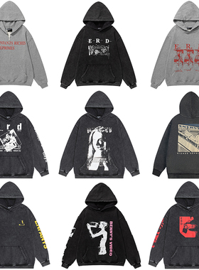 25SS忧郁的富二代ERD美式复古水洗做旧破洞连帽卫衣帽衫外套