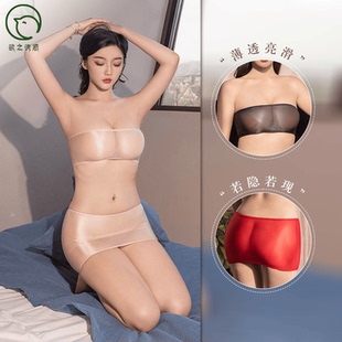 光泽高弹丝滑防走光透明低腰超短裙性感抹胸露出美乳内衣制服套装