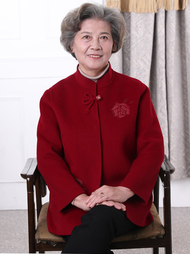 红色双面呢大衣女小个子xs老年妈妈毛呢羊绒外套奶奶中长款短大衣