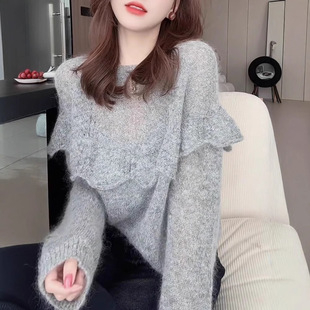 春装 穿搭钩花镂空毛衣女荷叶边灰色舒适软糯宽松百搭圆领针织上衣