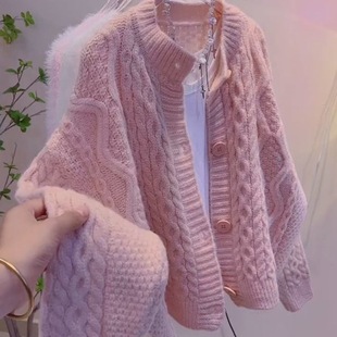 宽松休闲洋气针织衫 外套女2025新款 软糯慵懒风麻花毛衣开衫 秋冬季