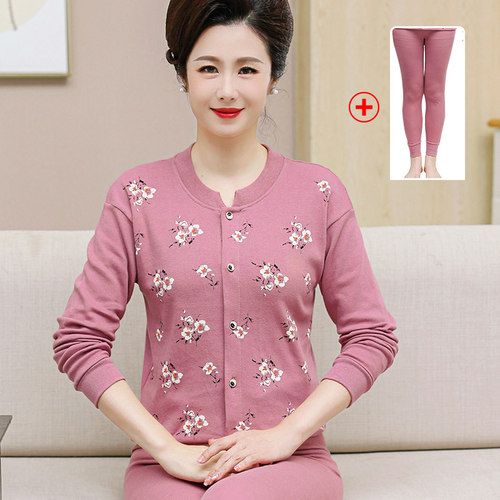 100纯棉开衫妈妈装秋衣套装