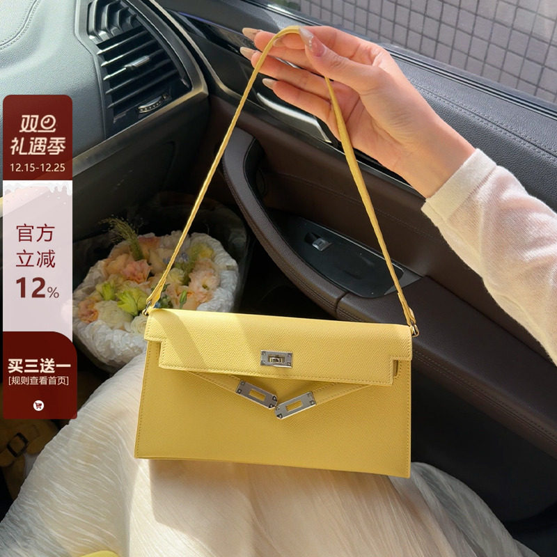 小鸡黄腋下包女真皮凯莉包高级感