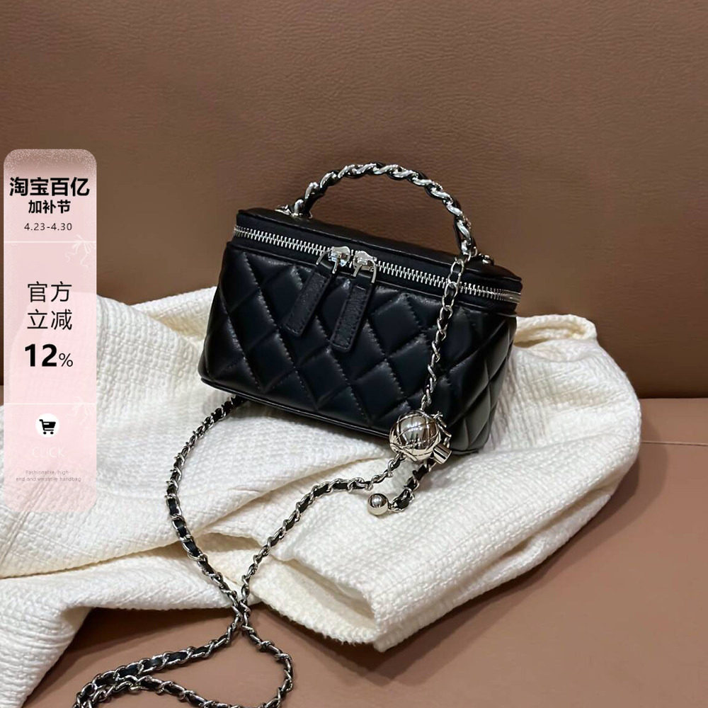 小香风手提盒子包女小方包高级感真皮菱格链条包单肩斜挎迷你小包