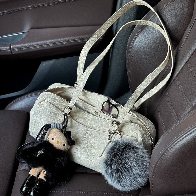 双口袋白色保龄球包女高级感波士顿包2025新款真皮百搭单肩腋下包,箱包皮具/热销女包/男包,通用款女包,淘宝优惠券,粉丝福利购,淘宝优惠卷