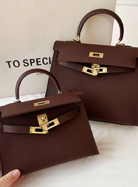 真皮百搭迷你二代凯莉包包女高级感马鞍红色手提包牛皮单肩斜挎包