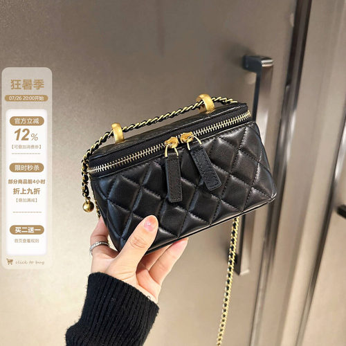 小香风双金球盒子包女黑色小方包