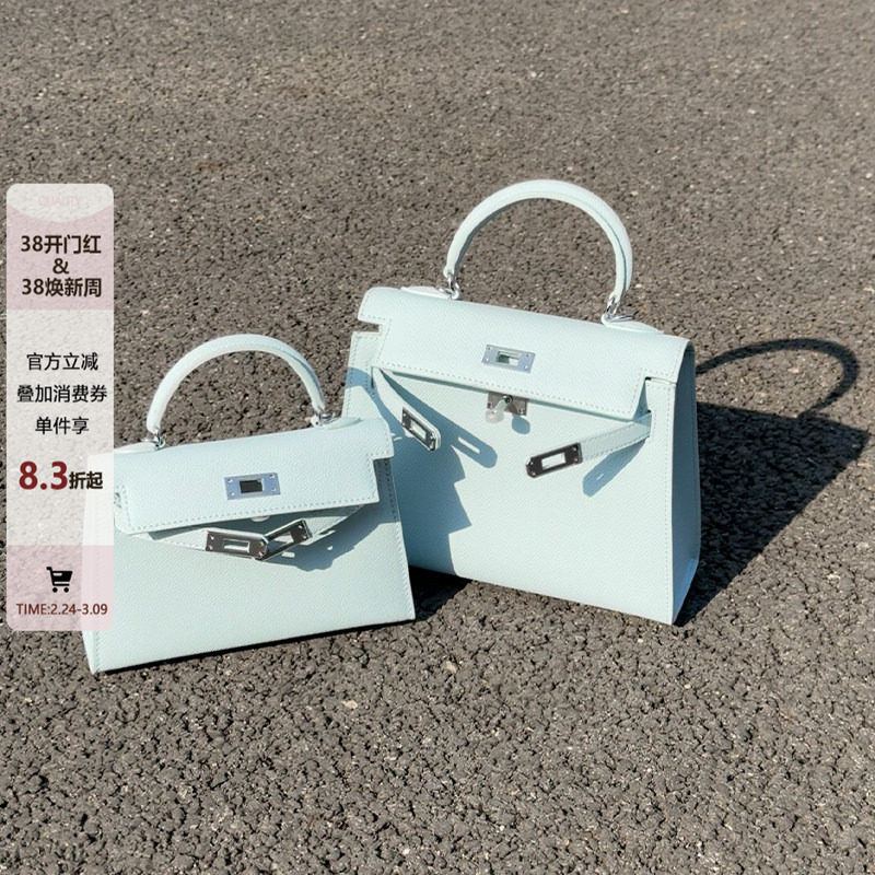 真皮蓝色宽肩带小方包包女百搭手提包2026新款高级感单肩斜挎包夏