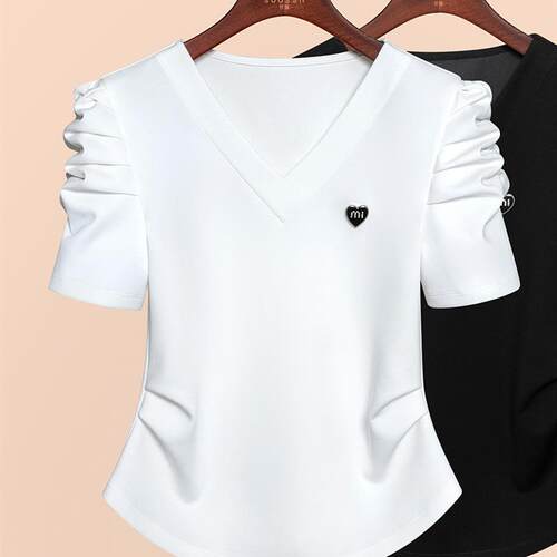 法式泡泡袖白色v领短袖T恤女夏季2026年新款女装褶皱遮肉显瘦上衣