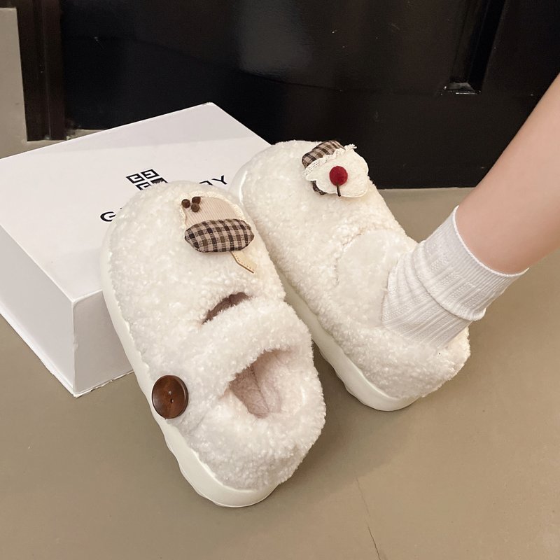 软糯可爱小蛋糕毛绒绒棉鞋女秋冬季外穿软厚底防滑舒适加绒毛毛鞋