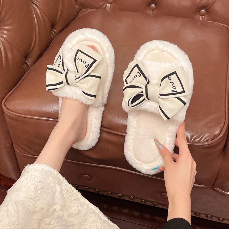 高颜值气质小公主蝴蝶结毛绒绒拖鞋女秋冬居家软底防滑舒适毛毛拖