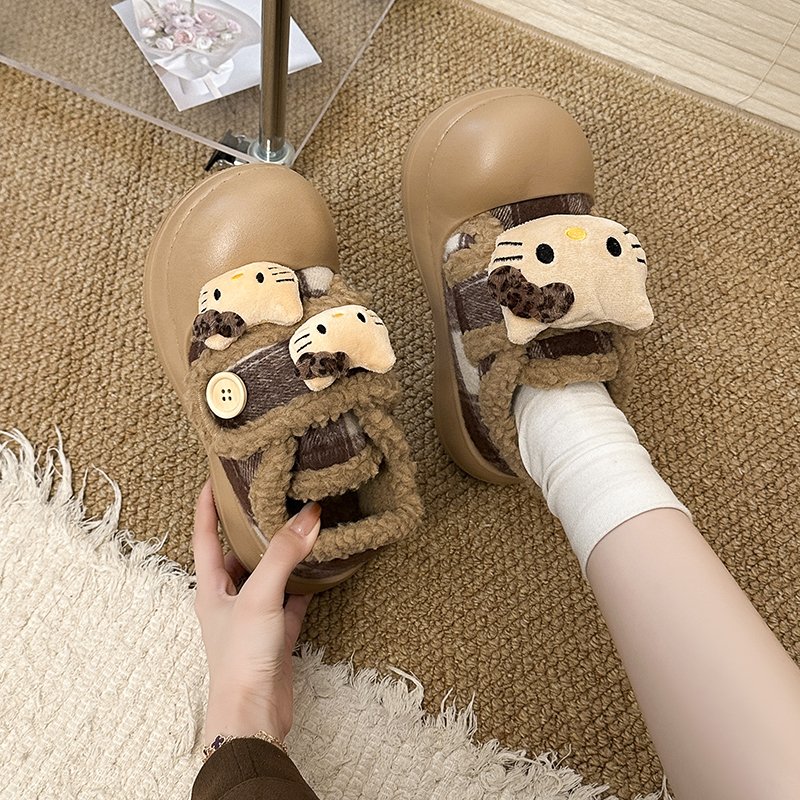 甜酷可爱豹纹凯蒂猫加绒棉鞋女冬季外穿软厚底舒适保暖卡通包跟鞋